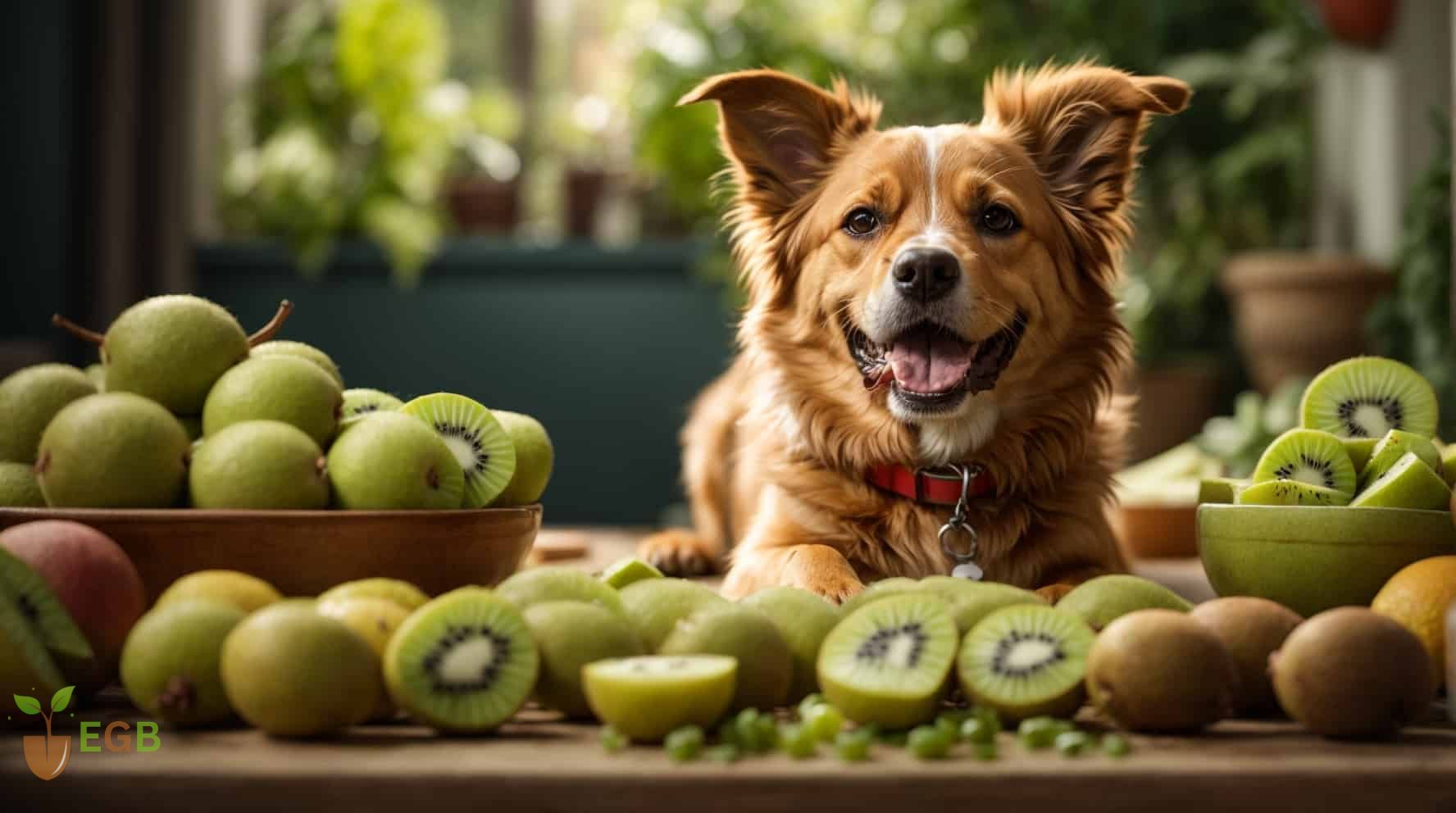 A happy dog with many kiwi fruit