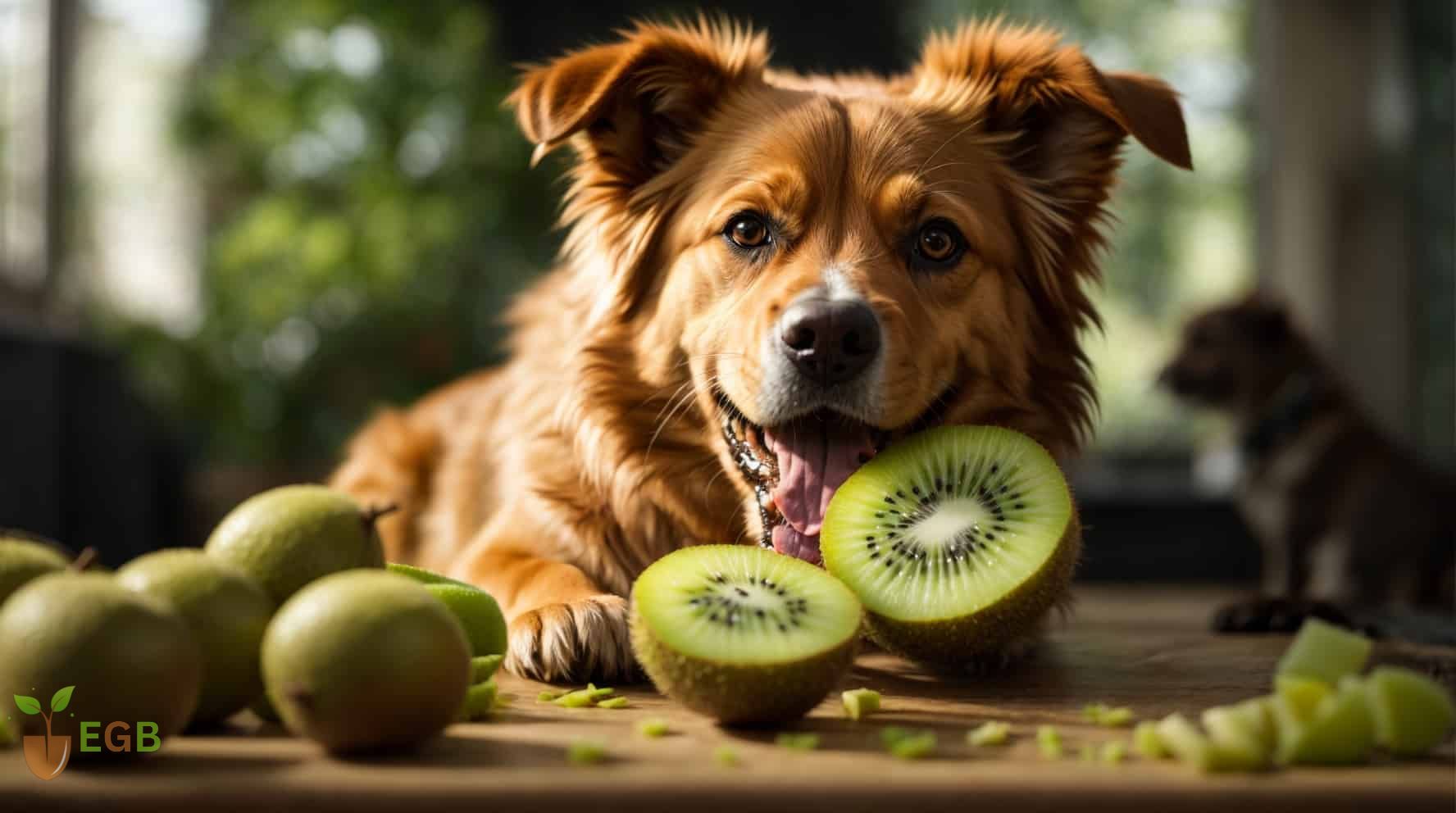 Happy dog eating a Kiwi Fruit