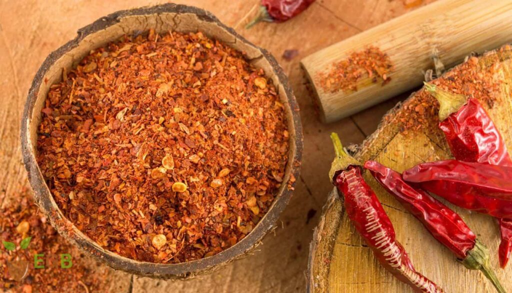 Dried Cayenne pepper flakes ready to be used or stored