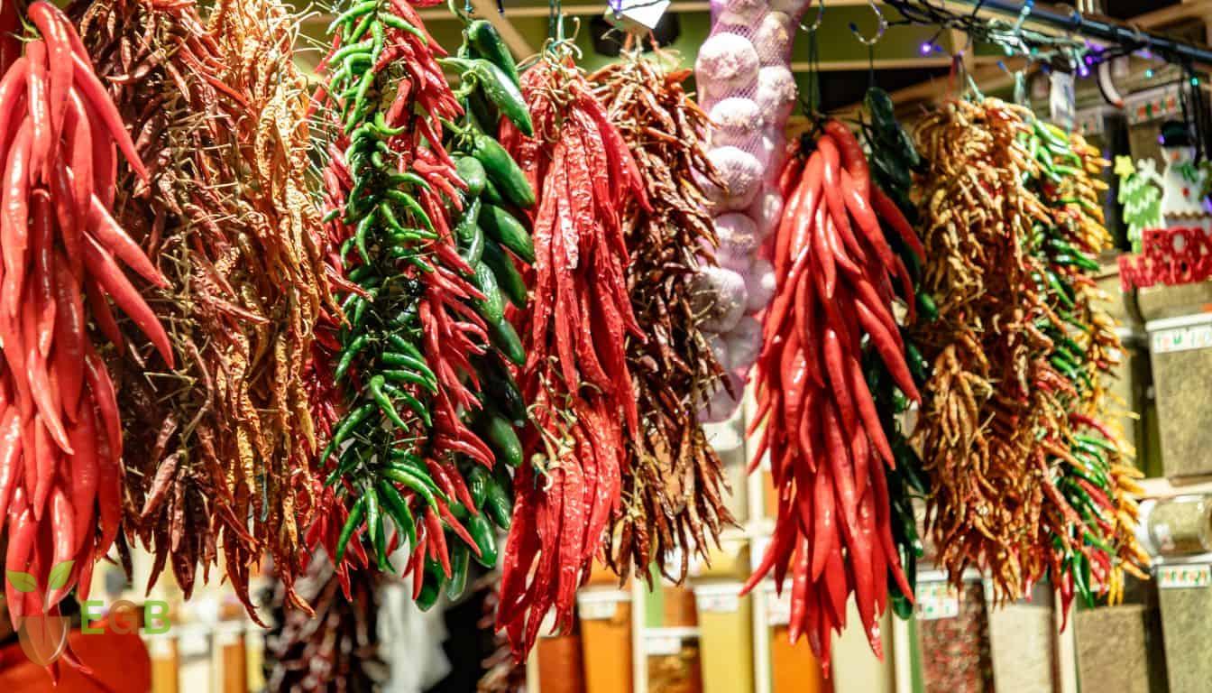 Peppers hanging in a market