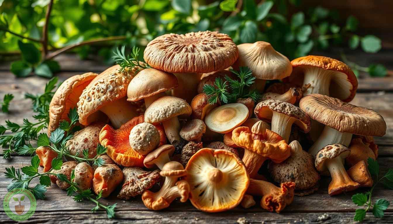 Picked mushrooms on a bench