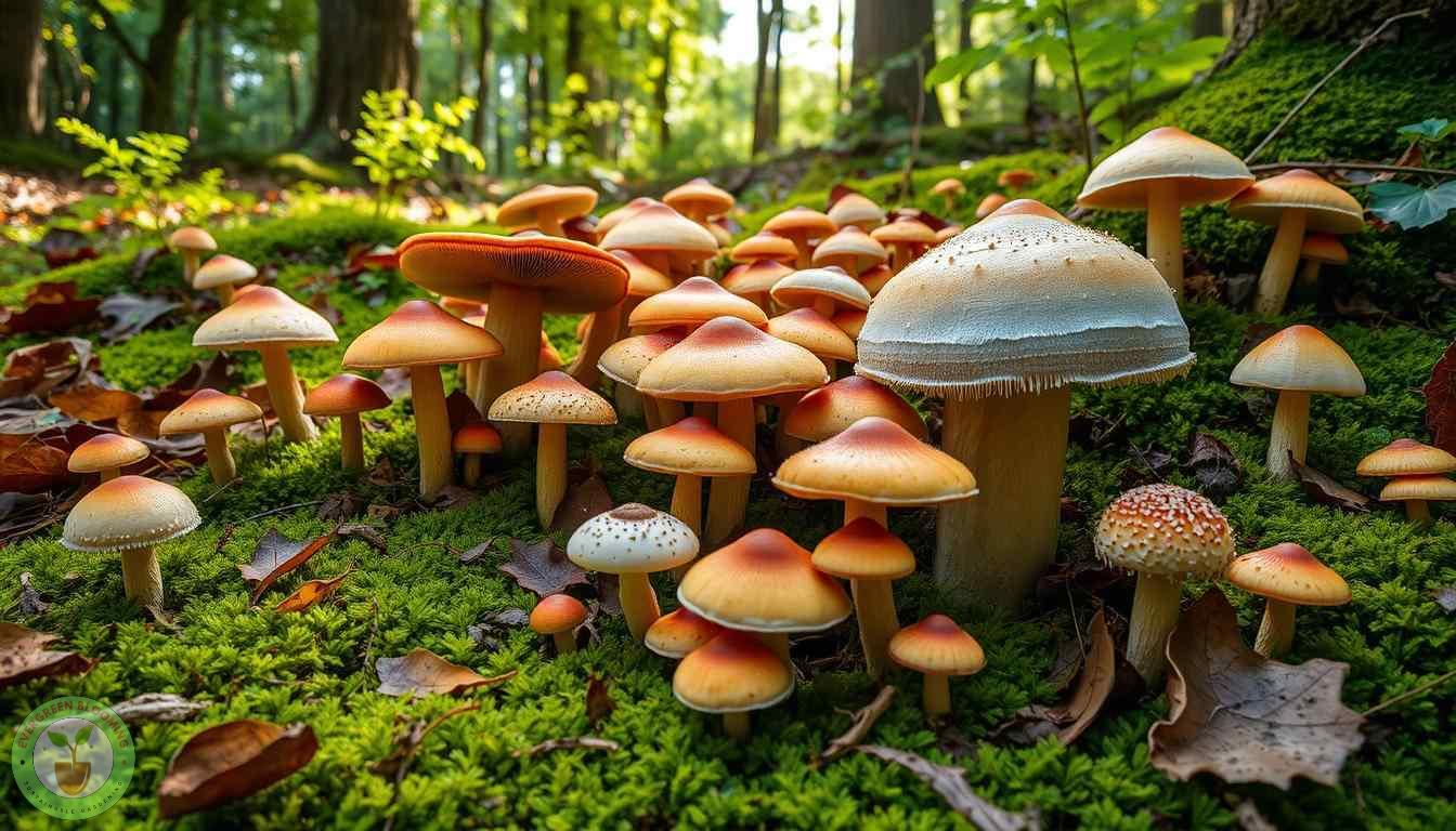 Variety of mushrooms in different shapes and colors