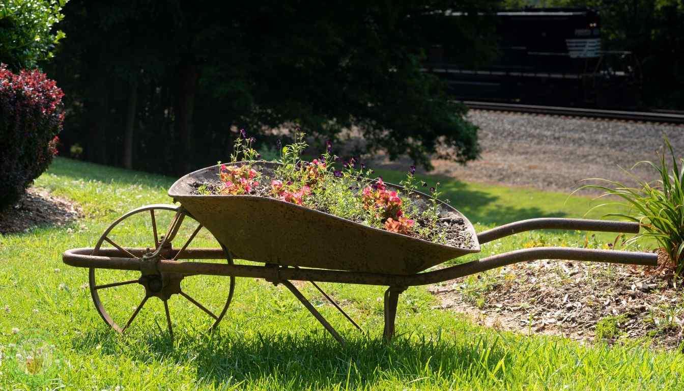 Old steel wheelbarrow used as a flower dsplay
