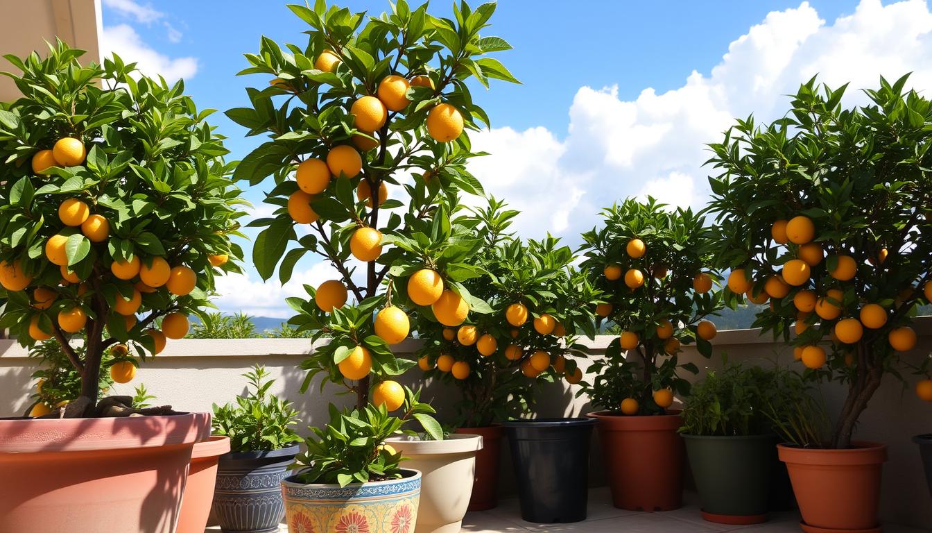 Dwarf citrus trees growing in pots