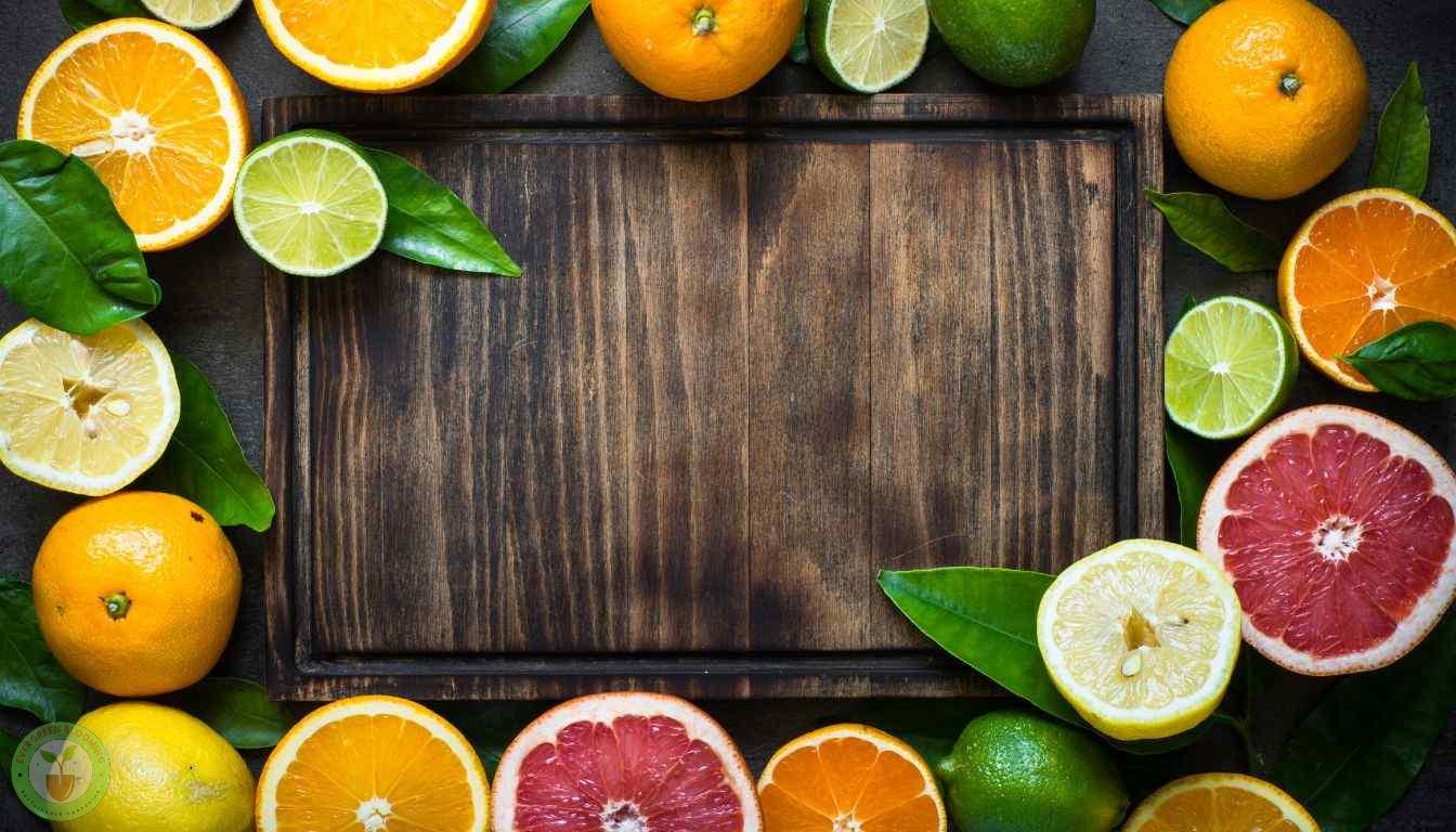 Various sliced citrus fruit surrounding a chopping board