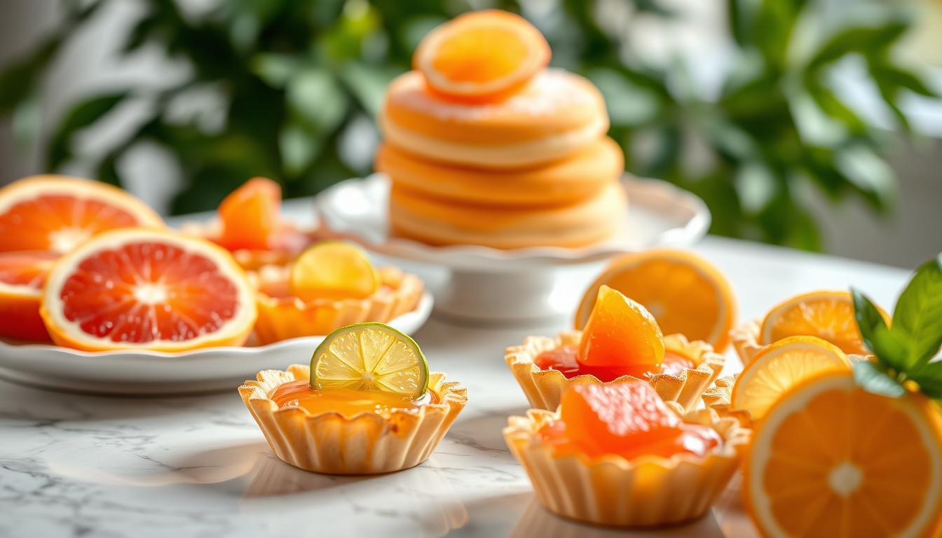 Citrus dessert of fresh fruit, tartlets and pancakes